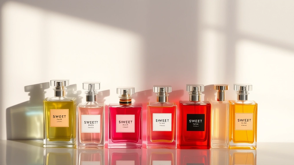sweet fragrance perfumes - 
Fragrance collection display showing multiple sweet perfume bottles arranged by