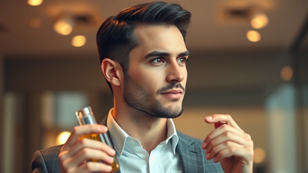 sweet men's cologne - 
Professional man wearing sweet cologne in business casual setting with warm lig