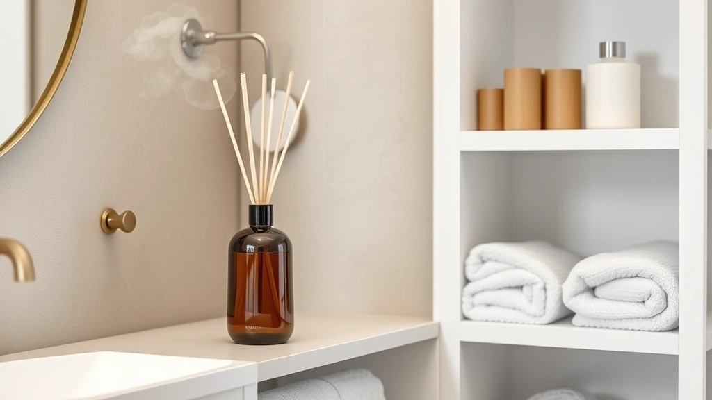tea olive fragrance - 
Elegant bathroom scene with a tea olive diffuser, folded towels, and minimalist