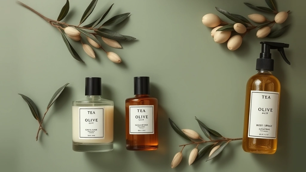 tea olive fragrance - 
Flat lay of tea olive fragrance products including candle, perfume bottle, body