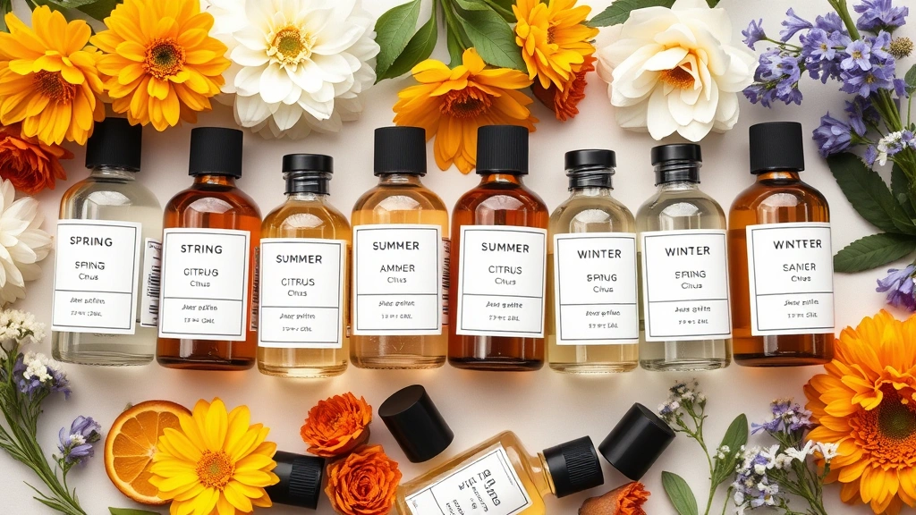 tester fragrance -
Flat lay of multiple tester fragrance bottles arranged by season—spring florals