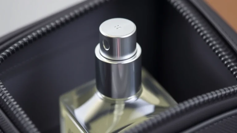 travel cologne bottle - Close-up of a sleek 1.7oz glass travel cologne bottle with aluminum spray top in