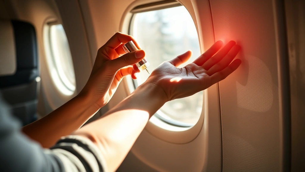 travel size fragrance - 
Person applying travel fragrance to wrist pulse point with sunlight streaming t