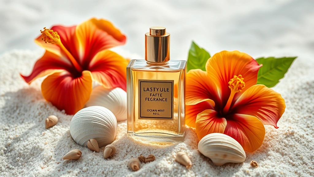 tropic fragrance - 
Fragrance bottle surrounded by tropical elements like sand, shells, hibiscus fl