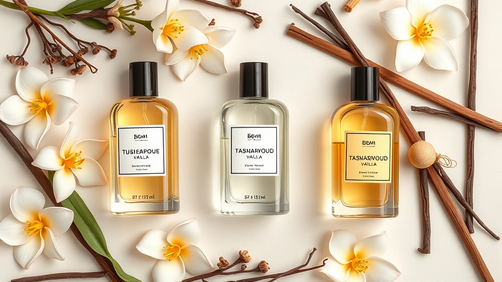 tuberose fragrance perfume - 
Flat lay of luxury tuberose fragrance bottles with complementary vanilla and sa