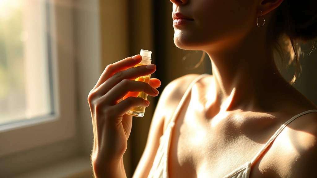 unisex fragrance - 
Person applying fragrance to pulse points (wrist and neck) with sunlight coming