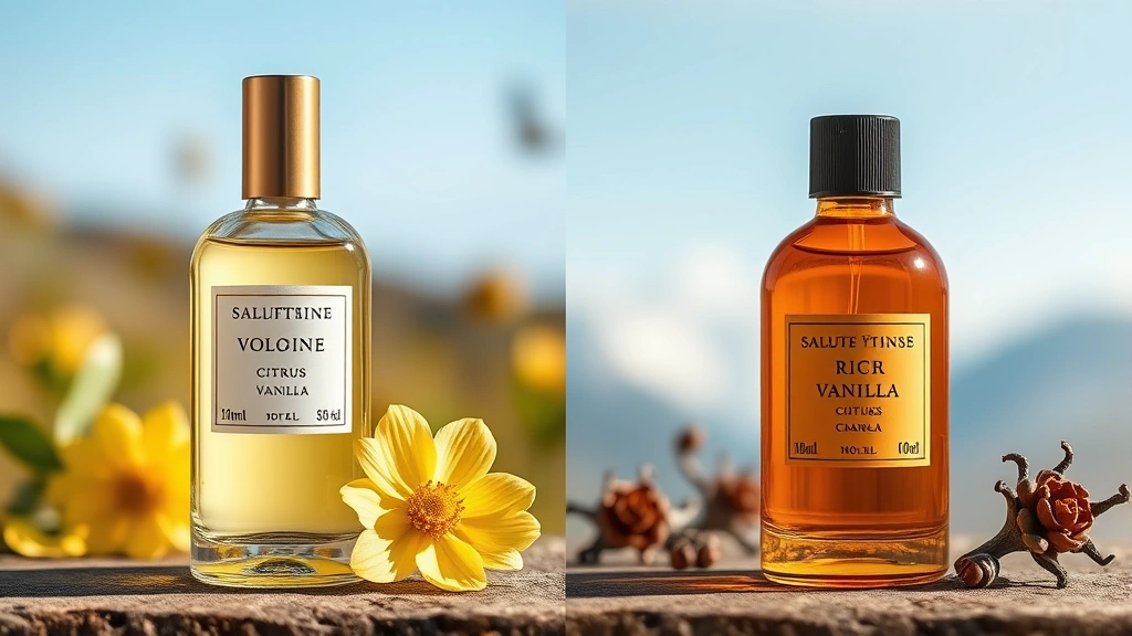 vanilla cologne - 
Split-screen comparison showing light citrus-vanilla cologne bottle next to ric