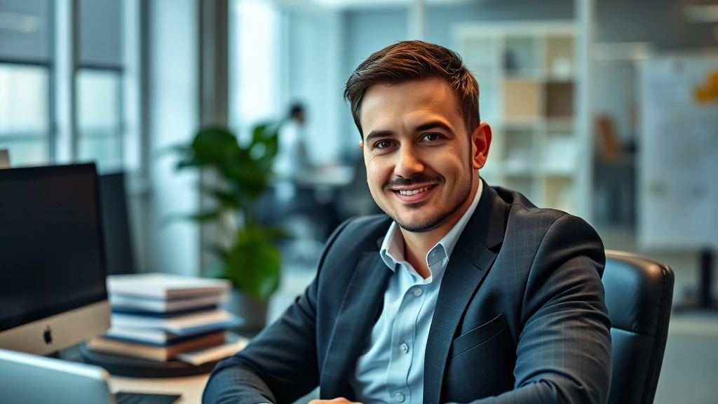 vanilla cologne for men - 
Man wearing vanilla cologne in a professional office setting, confident and app