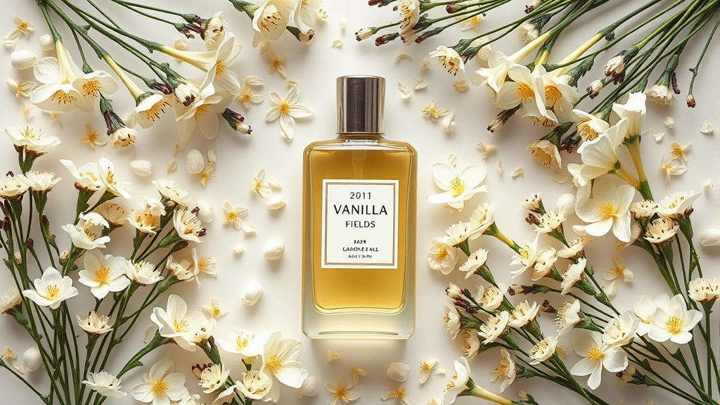 vanilla fields cologne - 
Overhead flat lay of vanilla fields cologne surrounded by complementary fragran