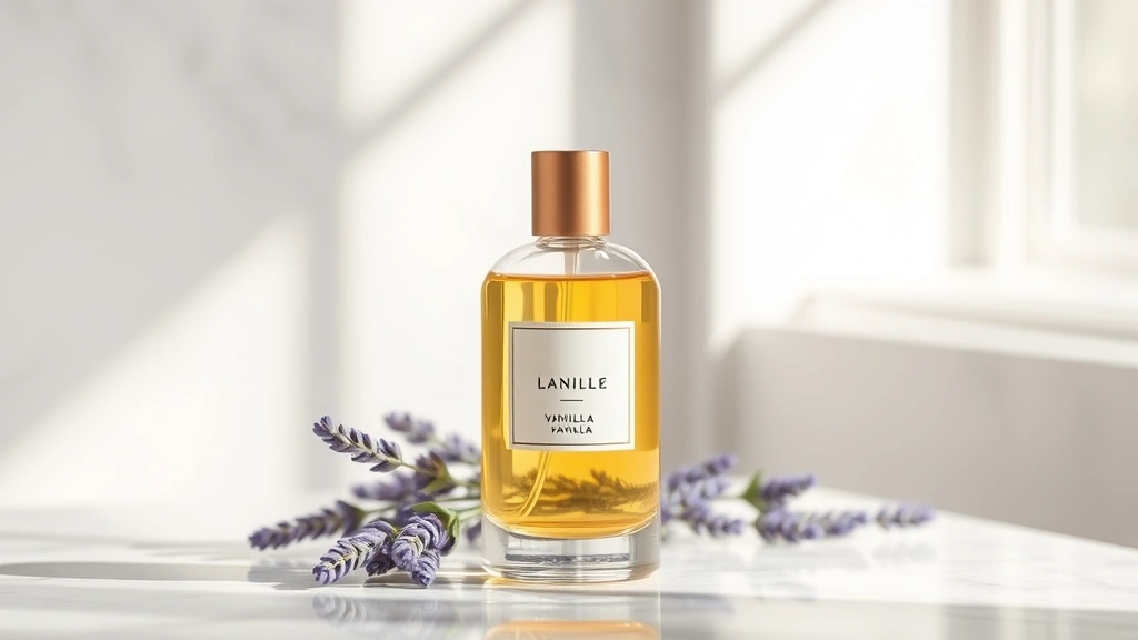 vanilla lavender fragrance - 
Minimalist fragrance bottle with vanilla and lavender elements, clean aesthetic