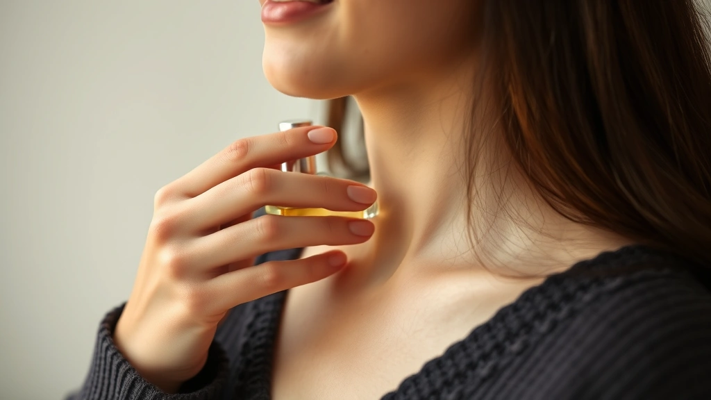 vanilla lavender fragrance - 
Person applying fragrance to pulse point on neck with calm, meditative expressi