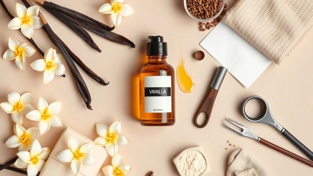 vanilla musk fragrance oil - 
Overhead flat lay showing vanilla musk fragrance oil surrounded by vanilla pods