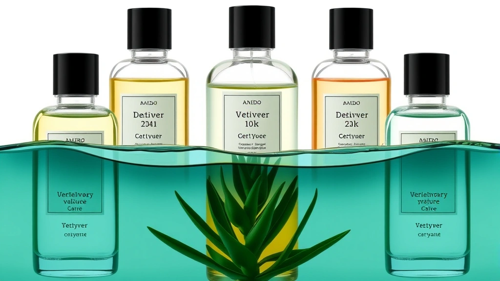 vetiver cologne - 
Layered fragrances displayed together with vetiver as the base note anchor
