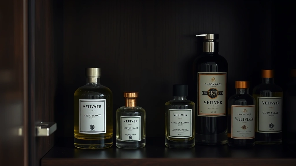 vetiver cologne - 
Cool, dark fragrance storage setup with vetiver cologne and complementary scent
