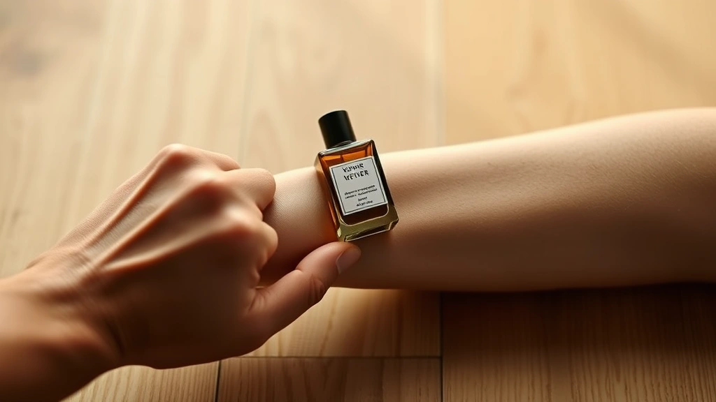 vetiver fragrance - 
Person applying fragrance to wrist pulse point with vetiver fragrance bottle on