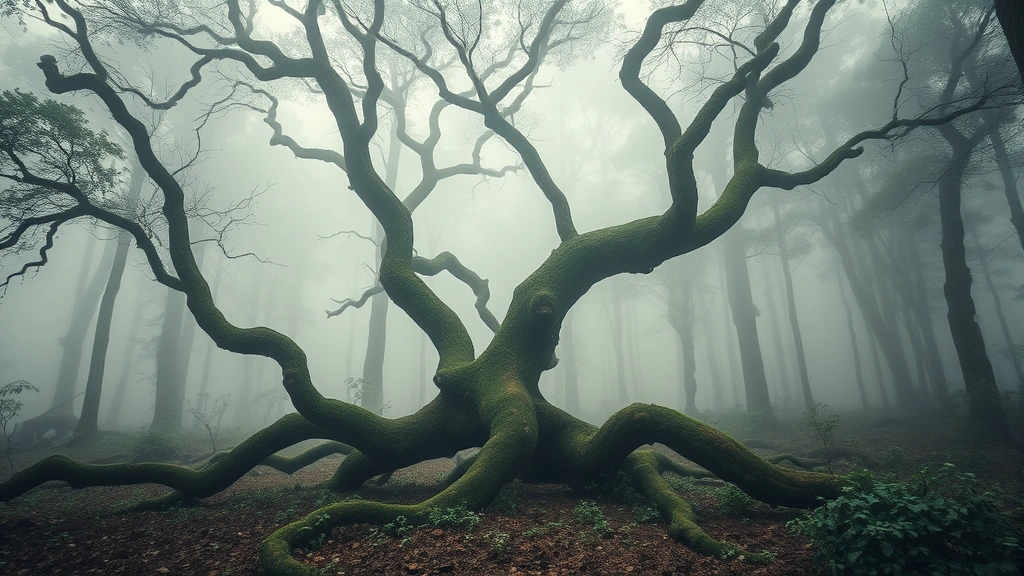 what is oud fragrance - 
Agarwood tree in a misty forest setting, illustrating the rare natural origin o