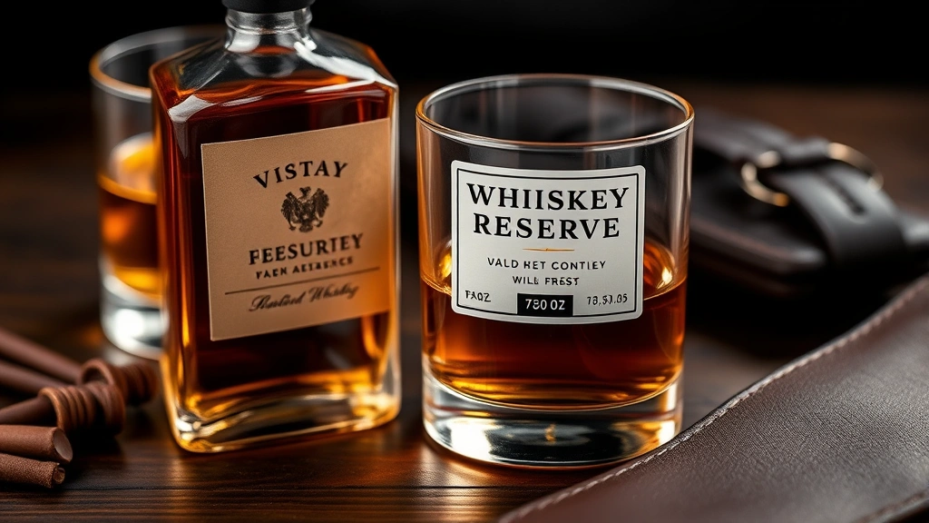whiskey reserve cologne - 
Close-up of whiskey reserve cologne bottle with amber liquid, next to a glass o