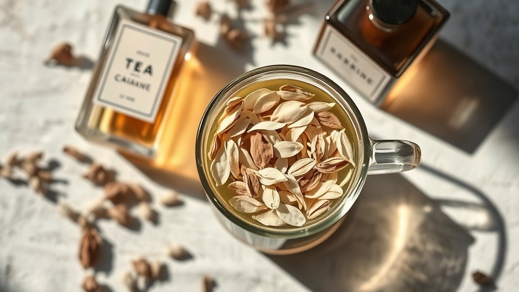 white tea fragrance - 
Close-up of white tea leaves steeping in glass cup with fragrance bottle beside