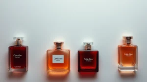 women's calvin klein fragrance - Flat lay of Calvin Klein women's fragrance bottles with amber and rose gold ligh