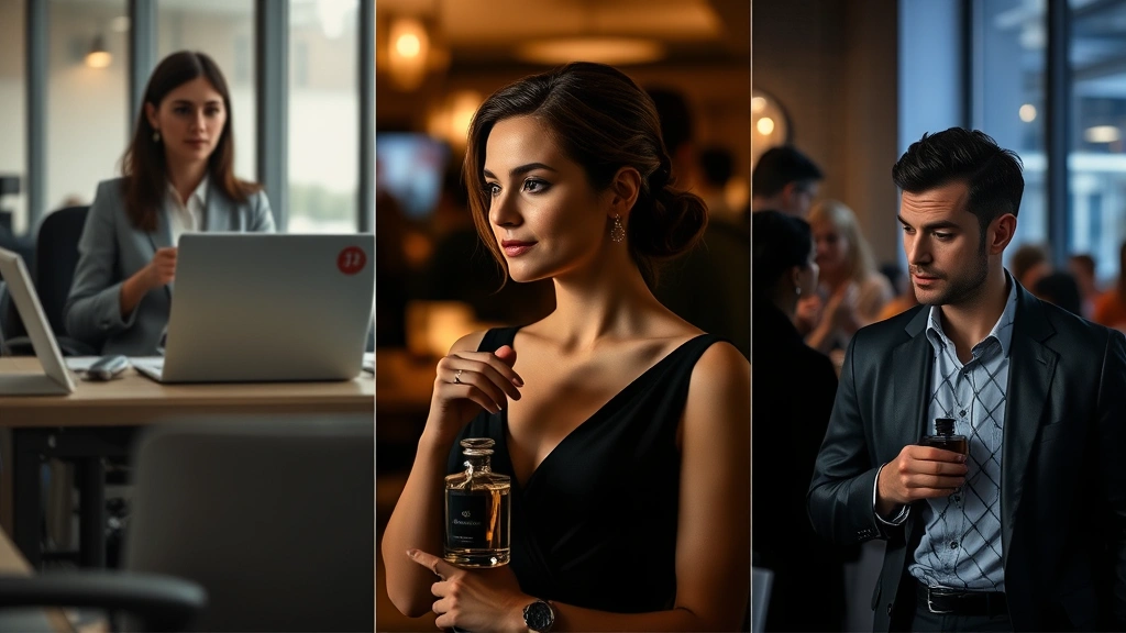 women's fragrance with musk -
Real-world scenarios grid showing woman wearing musk fragrance in office, eveni