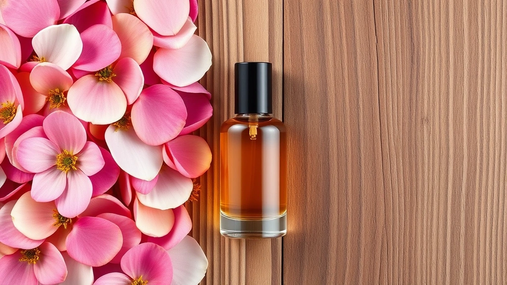 woody floral musk fragrance -
Split image showing floral petals on left side and cedarwood texture on right w