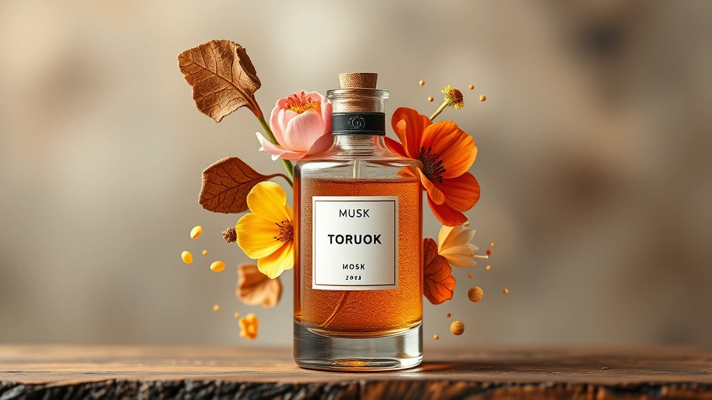 woody floral musk fragrance -
Fragrance bottle with woody, floral, and musk elements visualized as layered sc