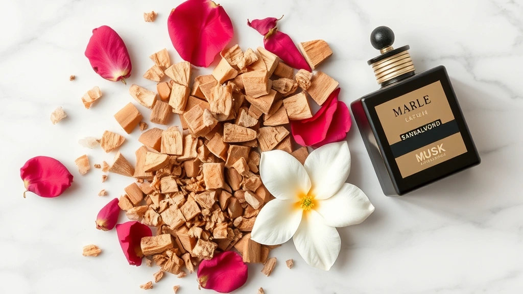 woody floral musk fragrance -
Flat lay of fragrance ingredients: rose petals, sandalwood chips, jasmine flowe