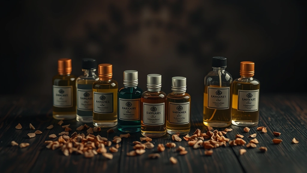 woody fragrances - 
Fragrance bottles arranged on dark wood surface with sandalwood chips scattered