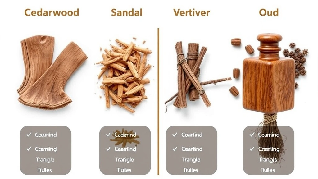 woody fragrances - 
Comparison chart showing different woody ingredients: cedarwood, sandalwood, ve