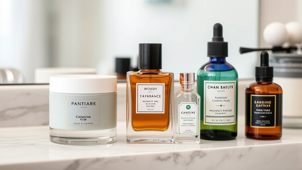 woody fragrances - 
Fragrance layering setup with moisturizer, woody fragrance, and complementary s