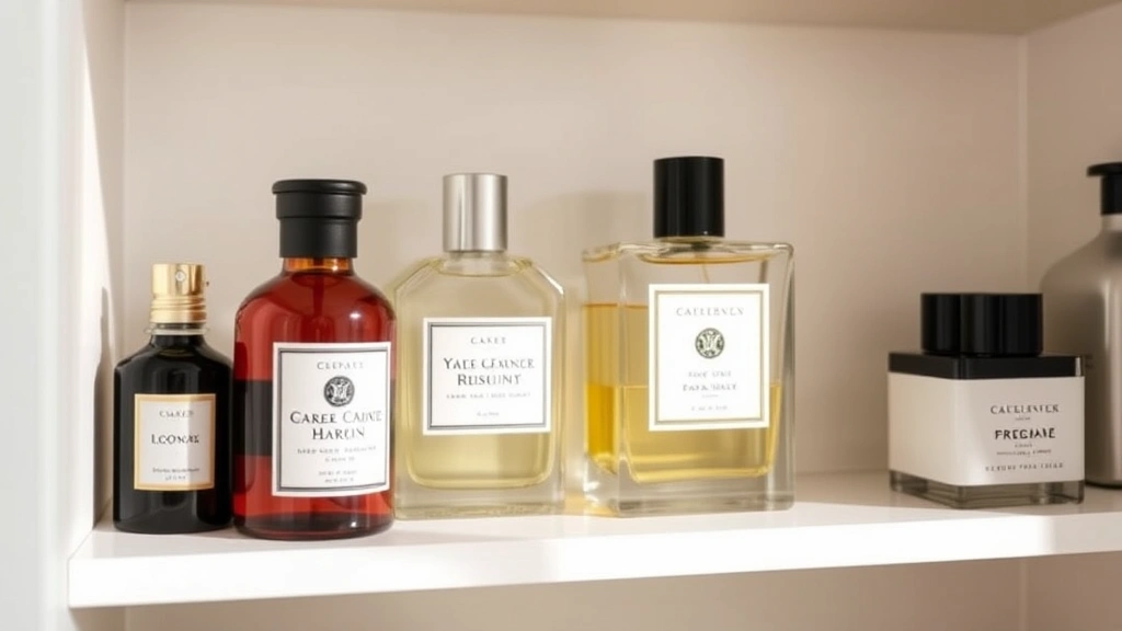 cologne boy -
Organized fragrance collection on a shelf with 3-4 quality cologne bottles, sho