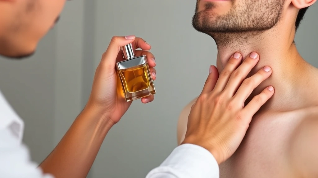 cologne brands -
Person applying cologne to pulse points on neck and wrist demonstrating proper