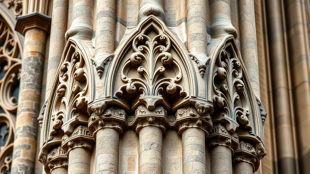 cologne cathedral interior - 
Close-up detail of intricate Gothic stonework and carved decorative elements on