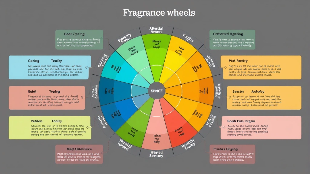 cologne curators - 
Fragrance wheel color chart with different scent families labeled, educational 