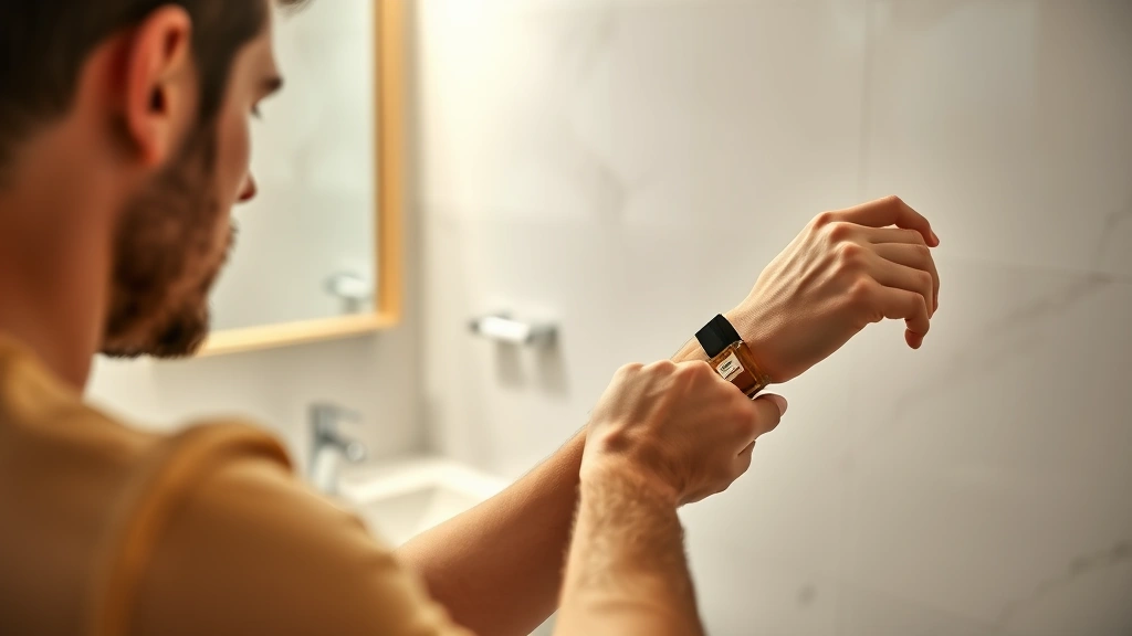 cologne english laundry - 
Man applying cologne to wrist pulse point with clean bathroom aesthetic in back
