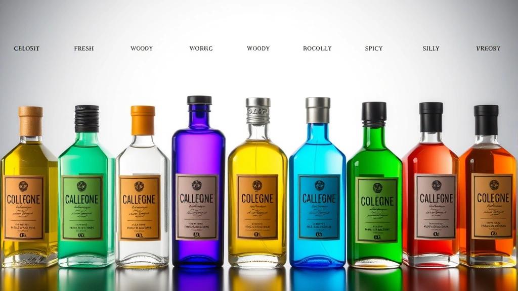 cologne for boys - 
Colorful cologne bottles arranged by fragrance family showing fresh, woody, and