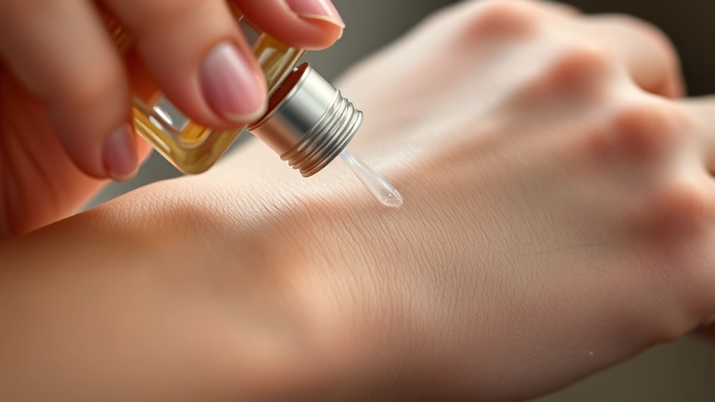 cologne francaise - 
Close-up of fragrance bottle being applied to pulse points on wrist, showing pr