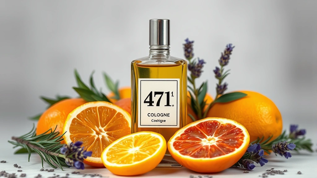 cologne france - 
Close-up of classic 4711 Cologne bottle with fresh citrus fruits, rosemary spri