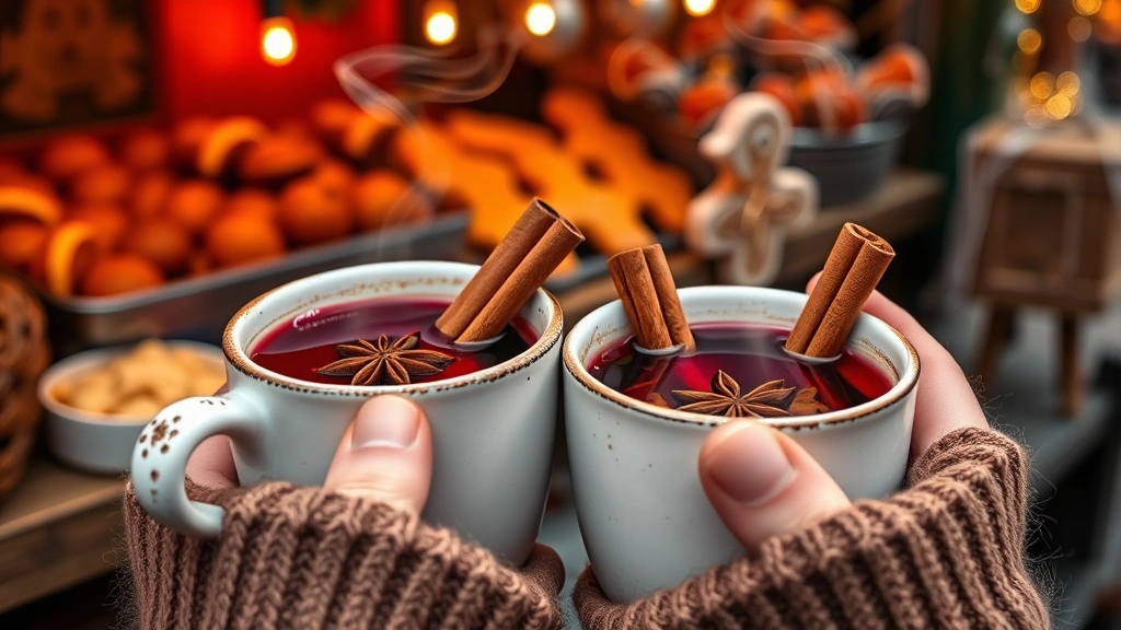 cologne germany christmas market - 
Close-up of hands holding steaming mulled wine cups with cinnamon sticks and st