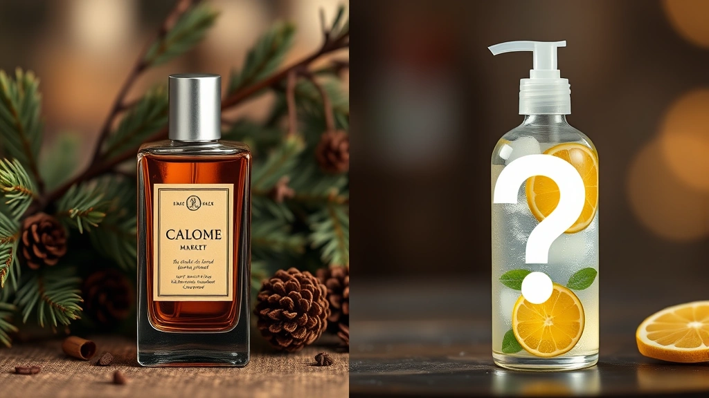 cologne germany christmas market - 
Split-screen comparison: left side showing a bottle of warm spiced cologne agai