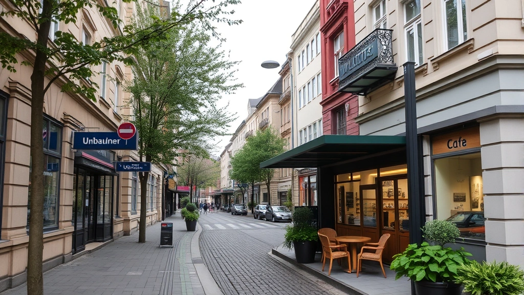 cologne germany hotels - 
Street scene in Nippes neighborhood showing U-Bahn station and local cafes with
