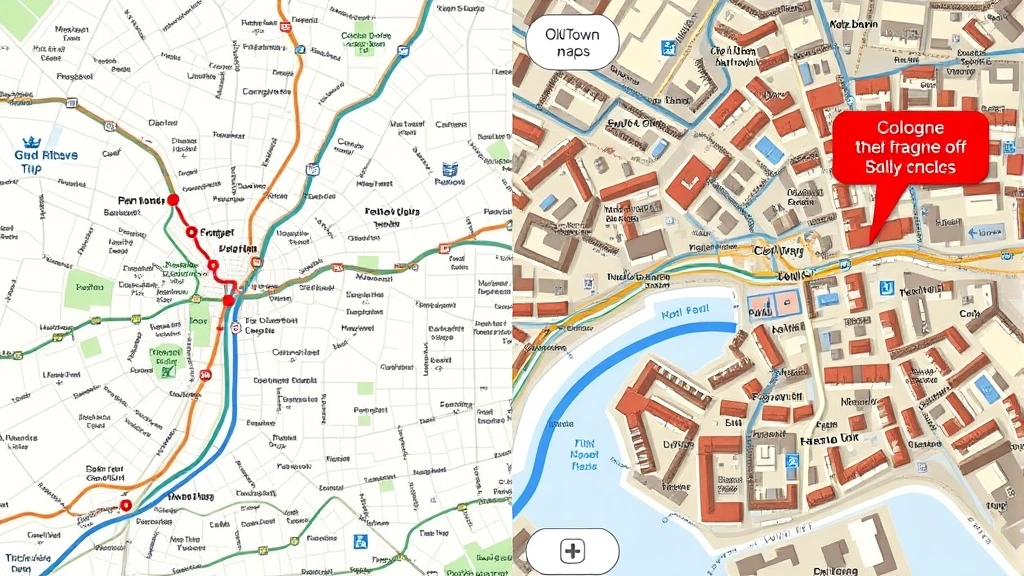 cologne germany map - 
Split-screen comparison showing tourist map versus detailed fragrance-focused m