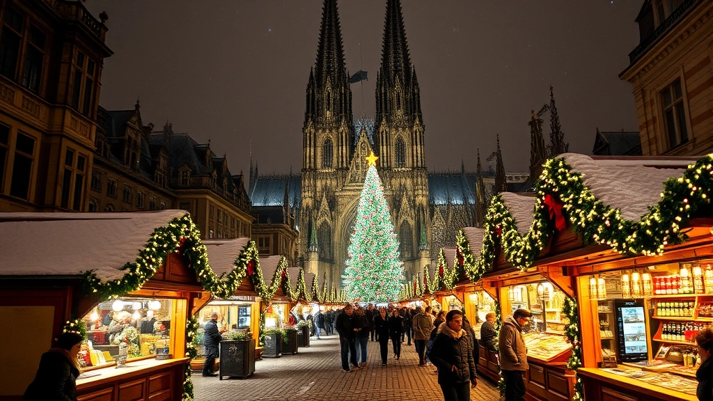 cologne germany weather - 
Cologne Christmas markets at night with festive lights, snow-dusted stalls, war