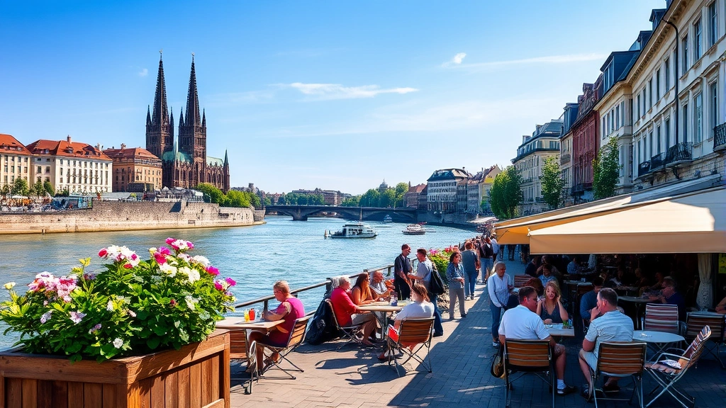 cologne germany weather - 
Summer riverside cafes along the Rhine in Cologne with tourists dining outdoors