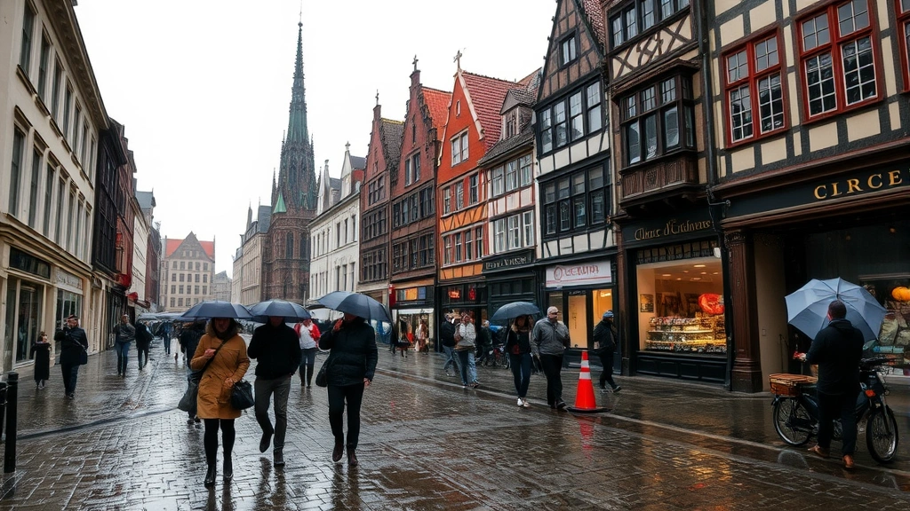 cologne germany weather - 
Rainy day street scene in Cologne old town with wet cobblestones, people with u