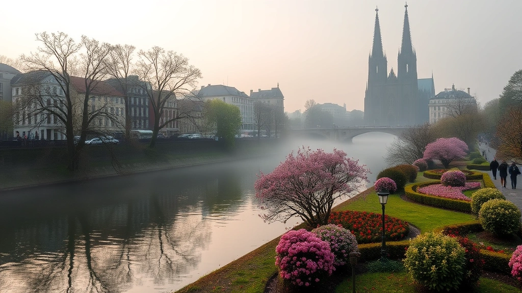 cologne germany weather - 
Spring morning in Cologne with misty Rhine River, blooming gardens, historic bu