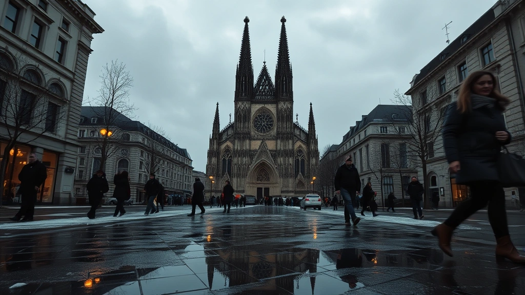 cologne germany weather - 
Winter cathedral view showing Cologne’s Gothic architecture against gray 