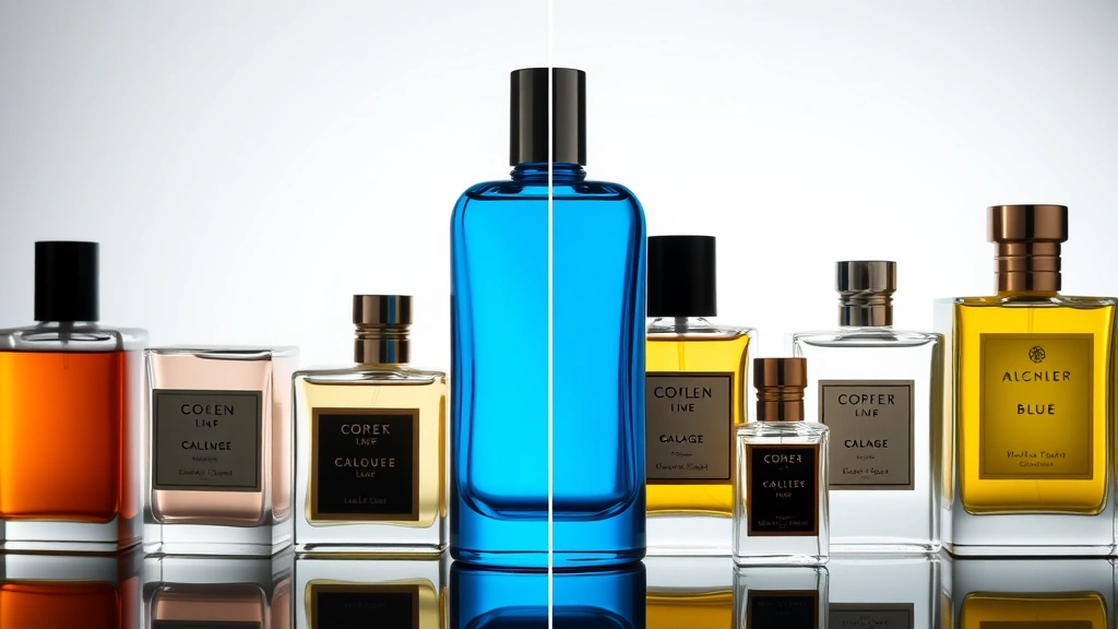 cologne in a blue bottle - 
Split-screen comparison showing blue bottle cologne next to other fragrance typ