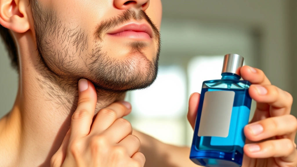 cologne in a blue bottle - 
Man applying blue bottle cologne to neck pulse point, natural lighting, confide