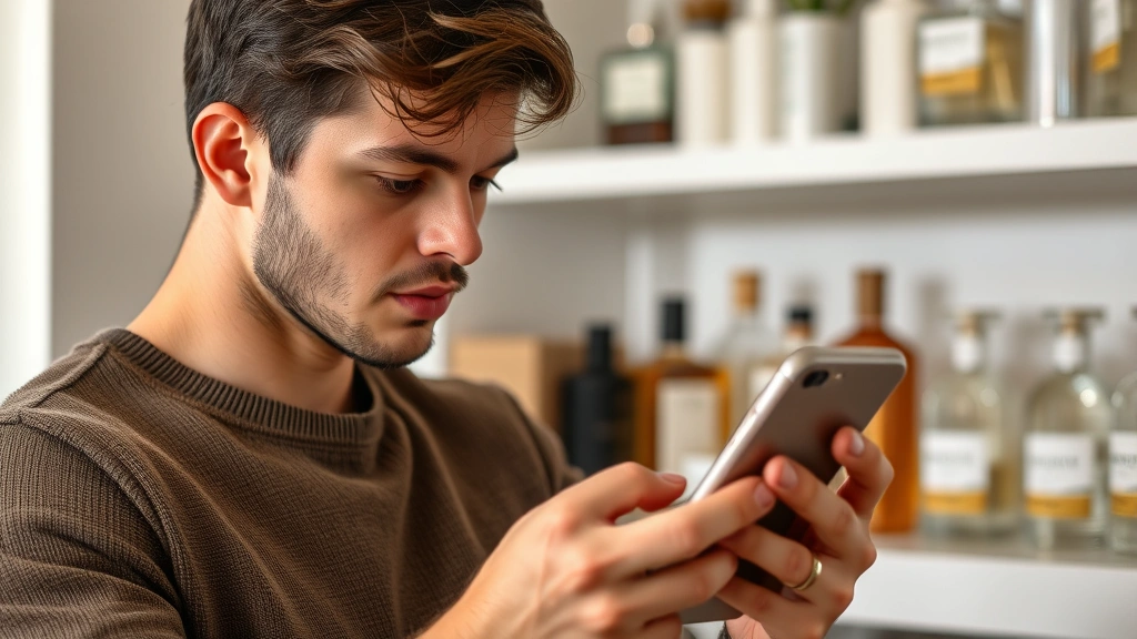 cologne insurrection - 
A young man looking at his phone reading fragrance reviews and recommendations 